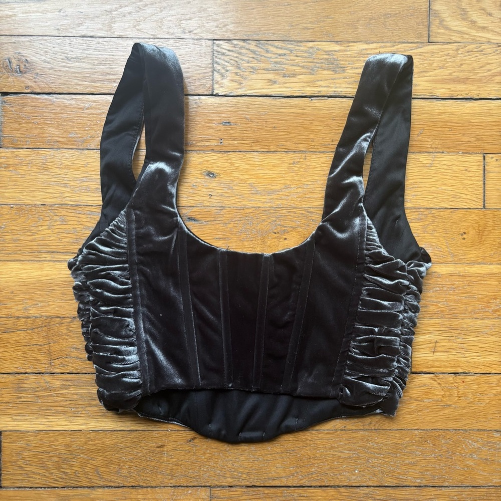 Zara Dark Grey Velvet Ruched Crop Top Size XS - Picture 3 of 3